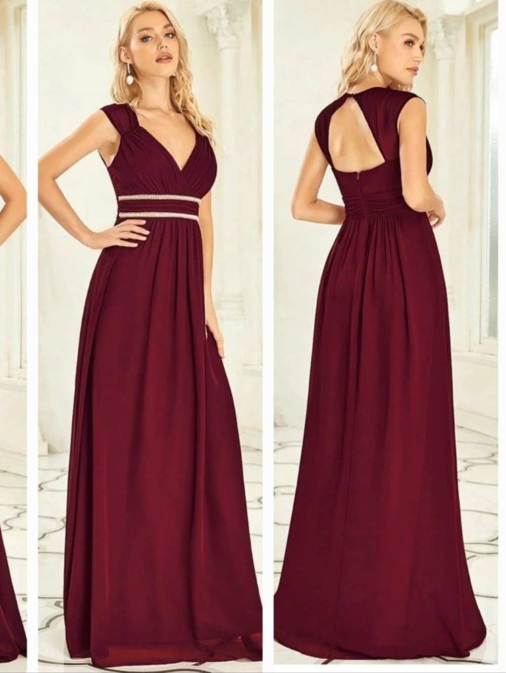 Burgundy V-Neck Evening Gown - Picture 2 of 4